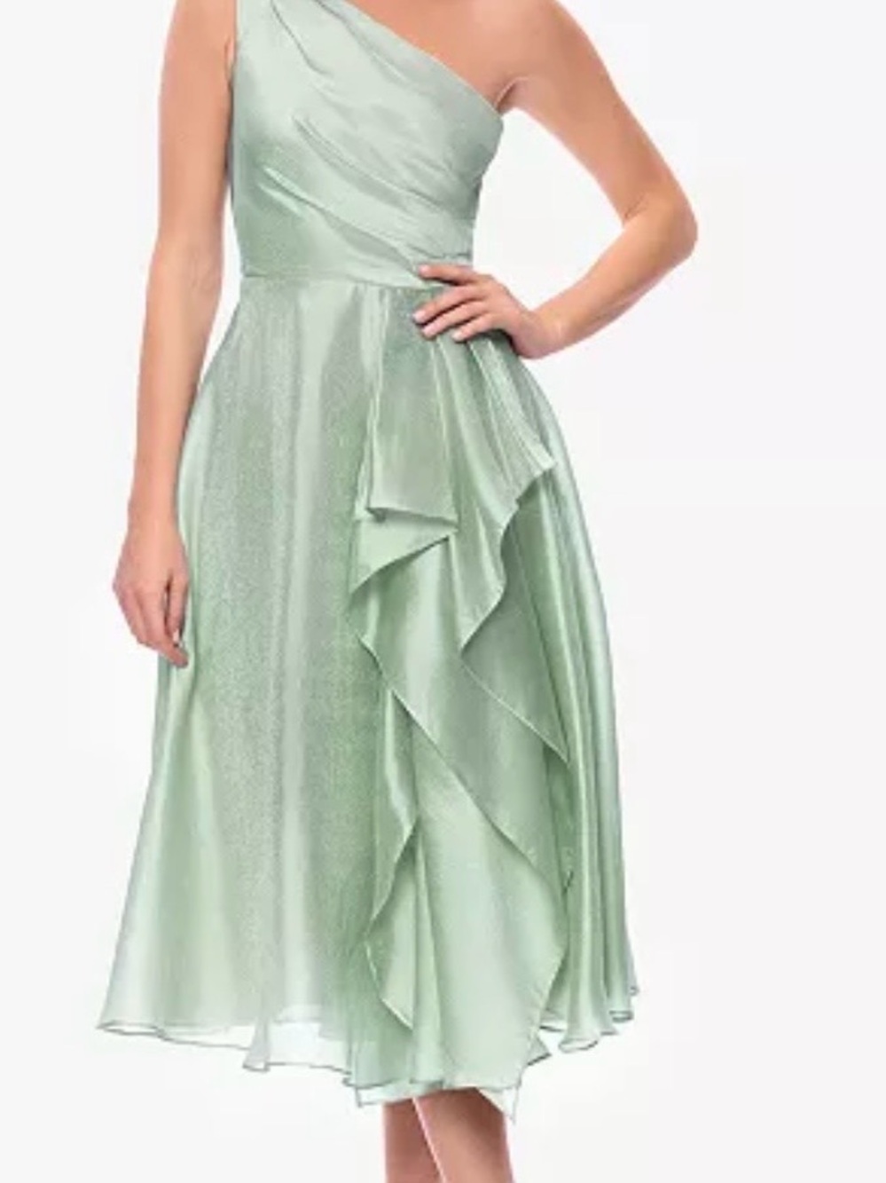 Xscape One-Shoulder Mint Green Ruffle Midi Dress